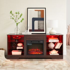 TV Stand Electric Fireplace  Glass Shelves, 3D Fireplace TV Stand With LED Lights Wood With USB Charging Outlet Modern Television Table Center Fo (Option: Espresso)