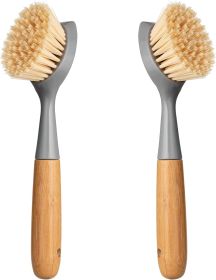2 Pack Kitchen Dish Brush Bamboo Handle Dish Scrubber Built-in Scraper, Scrub Brush for Pans, Pots, Kitchen Sink Cleaning (Color: gray)